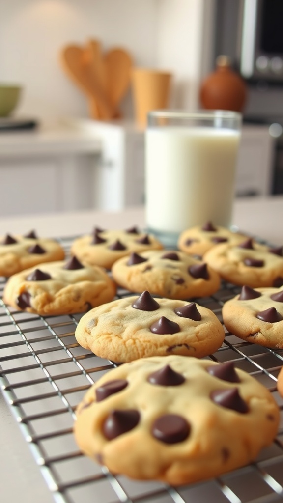 Freshly baked chocolate chip cookies on a wire rack with a glass of milk.